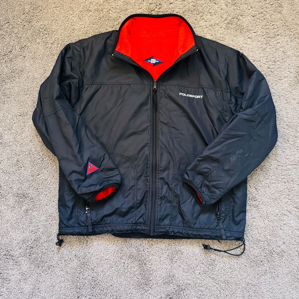 Vintage Polo Sport Ralph Lauren Black Jacket Red Fleece Lined Full Zip Men’s XL